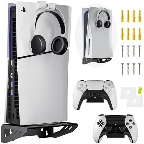 Aceshop Support Mural PS5/PS5 Slim,Support mural compatible avec PS5/PS5 Slim (Disque et Numérique) Acier Support Mural Playstation 5 Support mural pour console PS5/PS5 Slim avec support de Contrôleur