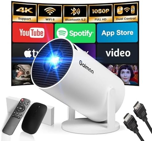 [Built-in App] 2025 Projector Projector Portable Mini Projector Dual Control with Mouse Android TV WiFi 6 BT5.2 180° Rotation HDMI/TV Stick/USB/PS5, with HDMI and Mouse