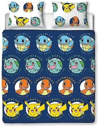 Character World Official Pokemon Gotta Design Double Duvet Cover Set | Blue Reversible Pikachu Squirtle Charmander Duvet Cover 2 Sides Official Product with Matching Pillowcases