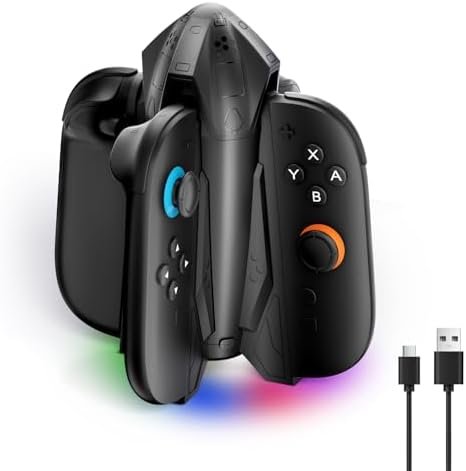 CloudValley Station de Charge pour Manettes Nintendo Switch 2 (2025) | Charge Joy-Con 4-en-1, Portable pour Manettes | Avec 7 Modes d'Éclairage RGB, Indicateur LED & Câble de Charge USB Type-C, Noir