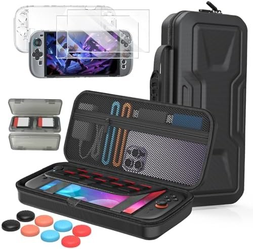 FYOUNG 5-in-1 Protective Case Accessory Kit for Nintendo Switch 2 (2025) – Hard EVA Carrying Pouch + Crystal Shell + 2 Tempered Glass + Stick Cap + Game Cartridges – Black