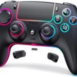 JORREP Manette sans fil pour PS5/Pro/Steam Deck/PC/MAC/iOS, manette de jeu avec éclairage RVB/double vibration/turbo/capteur de mouvement/programmable/connexion casque/batterie 1500 mAh