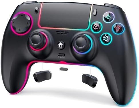 JORREP Manette sans fil pour PS5/Pro/Steam Deck/PC/MAC/iOS, manette de jeu avec éclairage RVB/double vibration/turbo/capteur de mouvement/programmable/connexion casque/batterie 1500 mAh