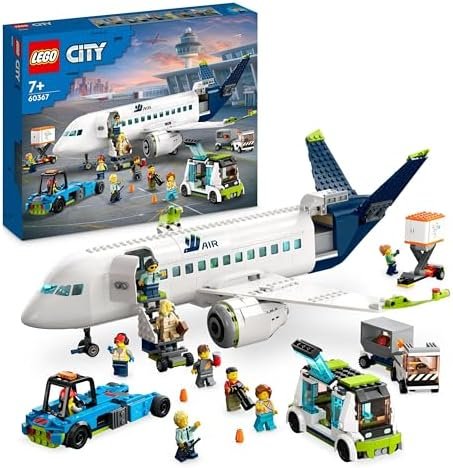 LEGO 60367 City Airplane Construction Games Model Aircraft for Christmas with Airport Vehicles: Bus, Tug, Loader, Luggage Truck and 9 Minifigurines, Gift