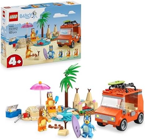 LEGO Bluey 11202 The Holiday and Road Trip Construction Game with Bingo & Chilli 2 Surfboards, Sand Castle & Accessories – Gift for Boy or Girl from 4 Years Old