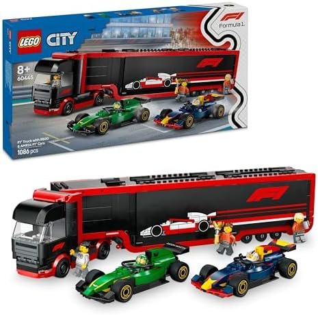 LEGO City F1 Truck with F1 RB20 and AMR24 Cars, Carrier for Red Bull & Aston Martin Vehicles with 2 Drivers and Racing Simulator Gift for Boys Girls 8 Years and Above 60445