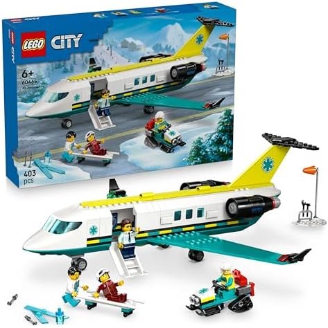 LEGO City L'Ambulance de Secours Aérienne - Construction Game with Airplane Model - 4 Minifigures Including 1 Doctor & 1 Pilot - Snowmobile, Stretcher & Tools - Gift for Boys from 6 Years Old 60465