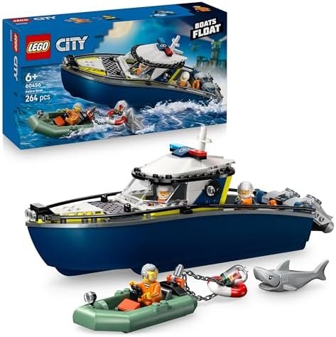 LEGO City The Police Boat Chase - Construction Game with 2 Boat Toys - 3 Minifigures & 1 Shark Figurine - Birthday Gift for Boy or Girl from 6 Years Old 60456
