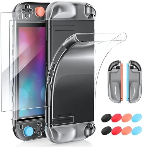 MENEEA TPU Case for Nintendo Switch 2 (2025), 3-in-1 Transparent Soft Protective Case with 2 Tempered Glass, 8 Thumb Grips for Switch 2 & for Joypad Controller 2