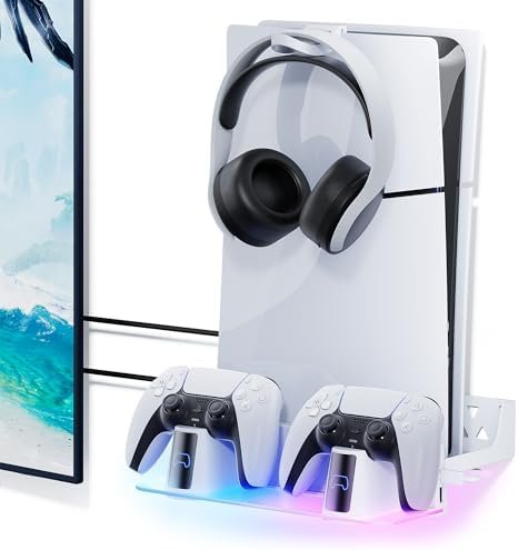 Mytrix RGB Wall Mount Kit with Dual Charging Station for PS5, Shelf Bracket Compatible with PS5 and New PS 5 Slim Consoles with Headphone Holder