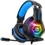 Ozeino Gaming Headset for PS5 PC PS4, Gaming Headset for Micro RGB 7 Colors Transducers 50mm Stereo Bass Mic Adjustable Noise Cancelling Compatible with Switch Xbox Series X & S-Blue Black