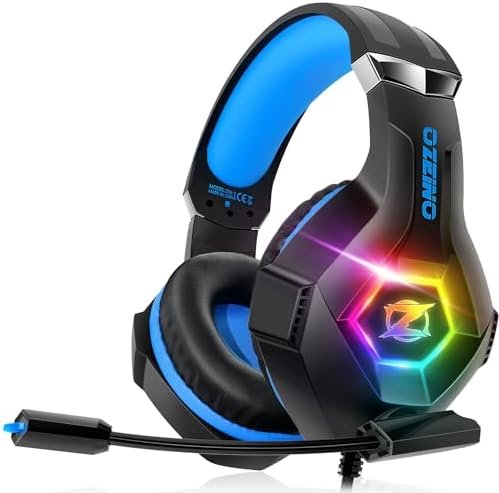 Ozeino Gaming Headset for PS5 PC PS4, Gaming Headset for Micro RGB 7 Colors Transducers 50mm Stereo Bass Mic Adjustable Noise Cancelling Compatible with Switch Xbox Series X & S-Blue Black