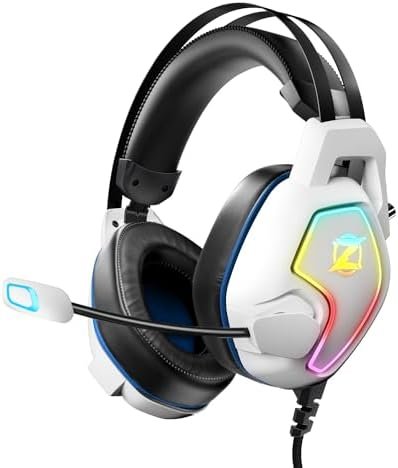 Ozeino Gaming Headset for PS5 PS4 PC Xbox Switch, Noise Cancelling Gaming Headset with Microphone, RGB Light, Self-Adjustable Suspension Headband, 3.5mm Jack Headset, White