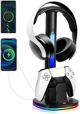 PS5 Controller Charging Station with RGB Headphone Holder, Charger Stand for Playstation 5 Controller Black