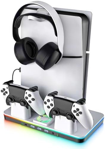 PS5 Pro/Slim Fan Cooling Station with Controller Charging Station for Playstation 5 Disc Digital Consoles PS5 Accessories 3 USB Hubs Headphone Holder