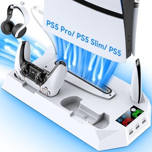 PS5 Stand for PS5/PS5 Slim/PS5 Pro, Dual Controller Charging Cooling Station 3 Speed Cooling Fan with Headset and 3 USB Ports