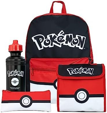 Pokemon 4 Piece School Bag Set | Backpack and Lunch Bag Set with Pencil Case and Water Bottle | Children's Backpack | Official Product, Black, Kids Backpack