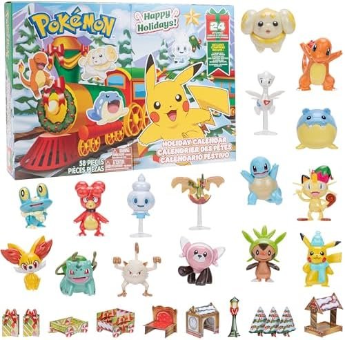 Pokémon Advent Calendar 2024 with 24 Gifts - Christmas Playset for Kids - Characters Included Pikachu, Bulbasaur, Charmander and More - 16 Figures and 8 Christmas Accessories -
