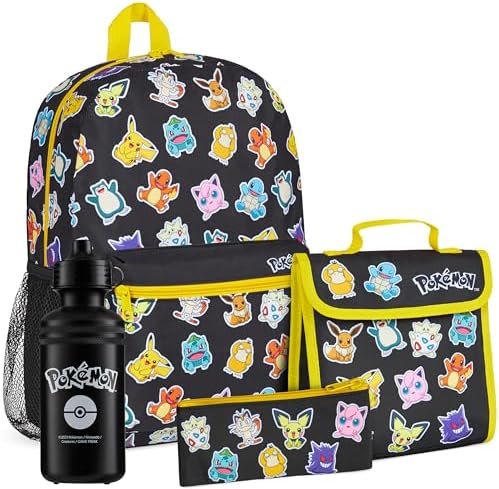 Pokemon Children's Backpacks Set of 4 Water Bottle Backpack Pencil Case Insulated Lunch Bag or Wallet Anime School Supplies, Black/Multi, Black/Multi Set of 4 Pieces