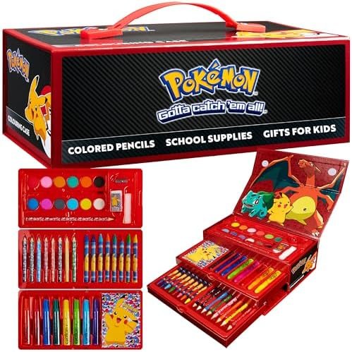 Pokemon Children's Paint Set Artist Coloured Pencils Wax Felt-Tip Pens Colouring Painting Watercolour Drawing Kit Pikachu Gift Child (Black/Red)