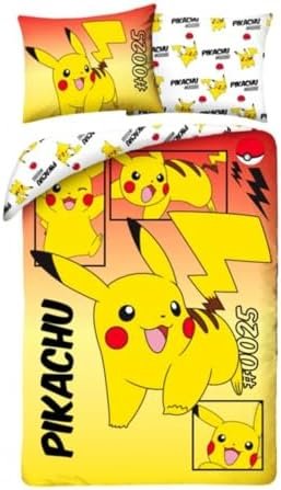 Pokemon Pikachu 0025 Duvet Cover 140 x 200 cm and Pillowcase 70 x 90 cm Reversible 100% Cotton Oeko-Tex Yellow