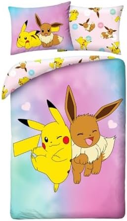 Pokemon Pikachu and Eevee - Duvet Cover 140 x 200 cm + Pillowcase 70 x 90 cm - Reversible Bedding Set - 100% Polyester - Multi-Coloured
