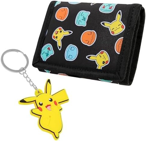 Pokemon Wallet for Children Teenagers Trifold Wallet in Canvas ID Pocket Zip Coin Purse and Key Ring Original Pikachu Gift Box, Black / yellow, Casual