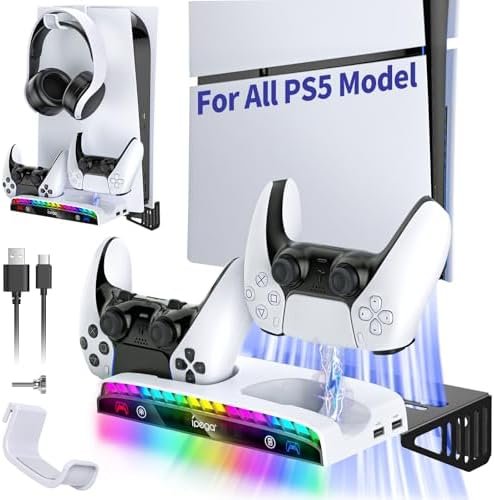 RGB Wall Mount for PS5 PRO/Slim/Digital, DualSense/Edge Charging Dock, Headphone Holder & 3 USB Hubs - 15 RGB Lights for Playstation 5 Accessories