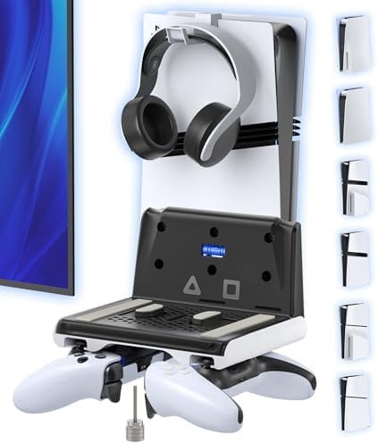 Support Mural PS5 pour Console Playstation 5 Original/Slim/Pro, Support PS 5 Vertical et Accessoires avec Support Casque, Rangement Espacé-Économique et Organisation Salle de Jeu