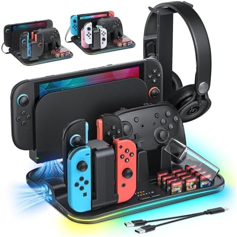[Compatible Switch 2/1]FASTSNAIL Manette Chargeur pour Nintendo Switch 2/1/OLED pour Joycon, Support Switch 2 avec 9 modes RVB, Ventilateur, 12 emplacements pour cartes de jeu, Support pour casque