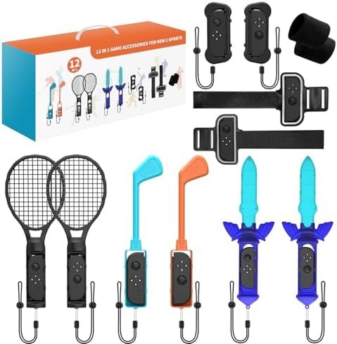 Ertisa 12 en 1 Kit D'accessoires de Sport pour Switch 2, Familiaux Kit d'accessoires pour Switch 2 Kit D'accessoires de Jeu Ensemble somatosensoriel avec clubs de golf, raquettes de tennis, escrime