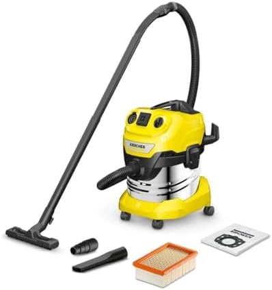 Kärcher WD 4 P S V-20/5/22 Dust and Water Vacuum Cleaner, Power: 1000W, Stainless Steel Tub: 20L, Suction Hose: 2.2 m, Blower, Auto On/Off Socket, Flat Pleated Filter, Wadding Filter Bag