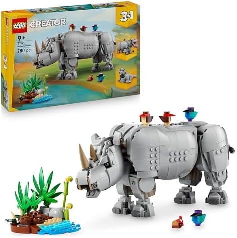 LEGO Creator 3-in-1 Wild Animals: Majestic Rhinoceros and Birds - Toy with Animal Figure Transforming into Hippo or Walrus Model - Boy or Girl Gift from 9 Years 31171