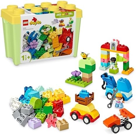 LEGO Duplo Classic Brick Box Cars and Trucks – Educational Toy for Boys or Girls from 1 Year – Early Learning Toy for Babies – Bricks 1-2-3, 2 Figures & 3 Vehicles on Wheels – Gift Idea 10439
