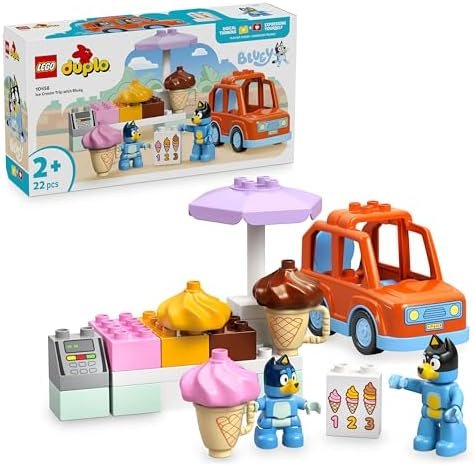 LEGO Duplo Visit to the Ice Merchant with Bluey - Educational Toy with Car, Ice Cream Stand & 2 Figurines Including Papa Bandit - Fine Motor Skills - Gift for Girl or Boy from 2 Years 10458