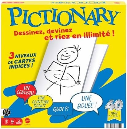 Mattel Games Pictionary JDX98 Family Board Game for Children and Adults, Game Night for 2 Teams, with Erasable Markers and Slates and Hourglass, French Versión en Francés
