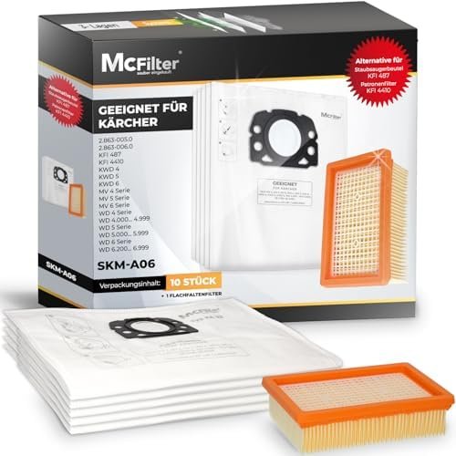 McFiltre 10 Vacuum Cleaner Bags + 1 Filter Compatible with Kärcher WD4 P S V-20/5/22, WD5 P V-25/5/22, WD6 P S V-30/6/22/T, MV4, MV5, MV6 Alternative for Kärcher KFI 487 as KFI 4410 Type KA 33