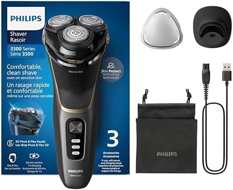 Philips Electric Shaver Series 3000 Wet & Dry Men's Electric Shaver with SkinProtect Technology, Retractable Trimmer, Charging Stand, Travel Bag, Black, Model S3342/13