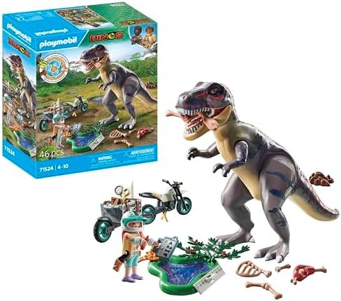 Playmobil 71524 Explorer with Motorcycle and Tyrannosaurus - Search for the T-Rex - Dinos range made with More than 80% recycled or bio-based materials on average - Dinos World - From 4 years old