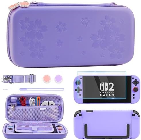 RHOTALL Sakura Étui de transport pour Nintendo Switch 2 (2025) 7,9 pouces Violet Fleur de cerisier Housse de protection portable avec coque rigide pour Switch 2 Protection d'écran 2 capuchons pour