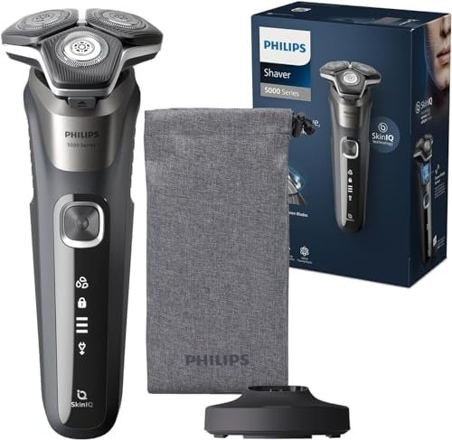 Rasoir Philips Series 5000 - rasoir électrique Wet & Dry gris carbone avec tondeuse rétractable intégrée, pochette souple, capuchon de protection et socle de charge (modèle S5887/13)