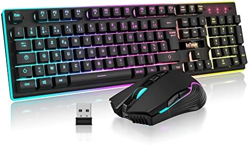 RedThunder K10 Wireless Gaming Keyboard and Mouse Set, French AZERTY, LED Backlight 3800 mAh Rechargeable Batteries, Anti-Ghosting USB Keyboard + 7D 3200DPI Mouse for Xbox Gamer PC (Black)