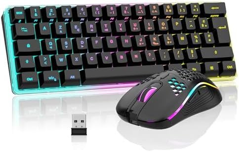 RedThunder K62 60% Wireless RGB Gaming Keyboard and Mouse, French AZERTY 62 Keys Ultra-Compact Backlit Mini Keyboard, Lightweight Cellular Optical Mouse, Portable Kit for PC PS5 Xbox Gamers (Black)