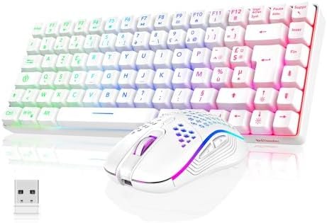 RedThunder K84 Wireless USB Keyboard and Mouse Combo Gamer, French AZERTY, Rechargeable RGB Backlit Battery, TKL Keyboard 75% and Lightweight Honeycomb Optical Mouse 3200 DPI (White)