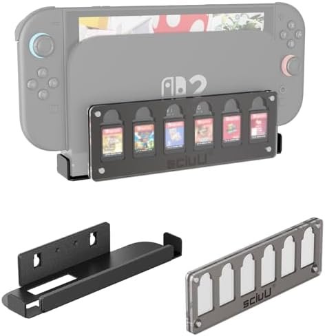 sciuU Support Mural + Étui Magnétique pour Cartes de Jeu – compatible avec Nintendo Switch 2 Dock – Support en Acier Inox + Boîte Acrylique 6 Slots – Kit d’Organisation & Présentation Gain de Place