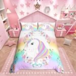 Children's Girls Rainbow Unicorn Bedding Set Cute Flower Unicorn Duvet Cover 220 x 240 cm Set Magic Animals Bedding Set Dream Unicorn Duvet Cover, 2 Pillowcases