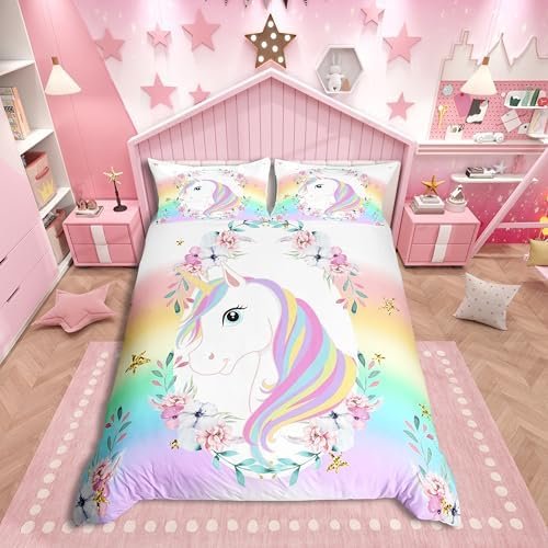 Children's Girls Rainbow Unicorn Bedding Set Cute Flower Unicorn Duvet Cover 220 x 240 cm Set Magic Animals Bedding Set Dream Unicorn Duvet Cover, 2 Pillowcases