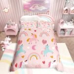Children's Unicorn Girls Bedding Set 140 x 200 cm Rainbow Teen Baby Pink Duvet Cover Women Cute Unicorn Horses Bedding Set with 1 Pillow Case, Beautiful Unicorn Pattern