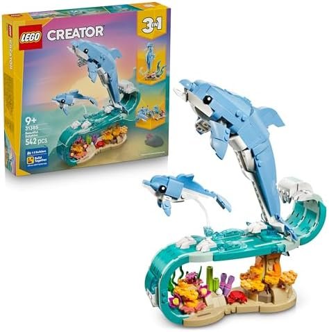 LEGO Creator 3-in-1 Sea Animals: Beautiful Dolphins Toy with Sea Animal Figurine Transforming into Seahorse or Crab - DIY Decoration - Original Gift for Girl or Boy 9 Years 31385