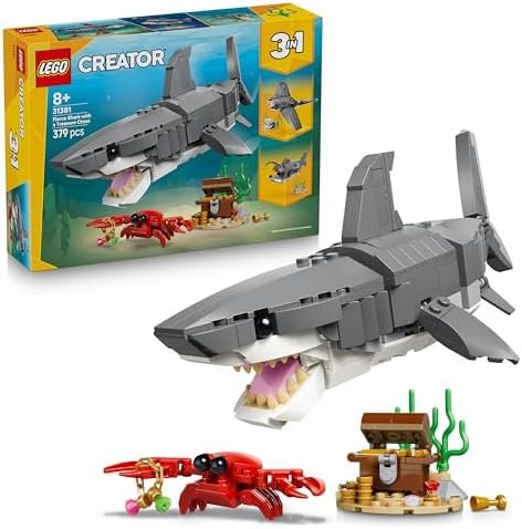 LEGO Creator 3-in-1 The Redoutable Shark and Treasure Chest Figurine Sea Animal Transforming into Monkfish or Manta Ray Decoration Original Gift for Boy or Girl from 8 Years 31381